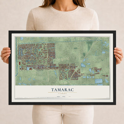 Tamarac, Florida map print, 12" x 18" W/ Black Ayous Wood Frame mockup
