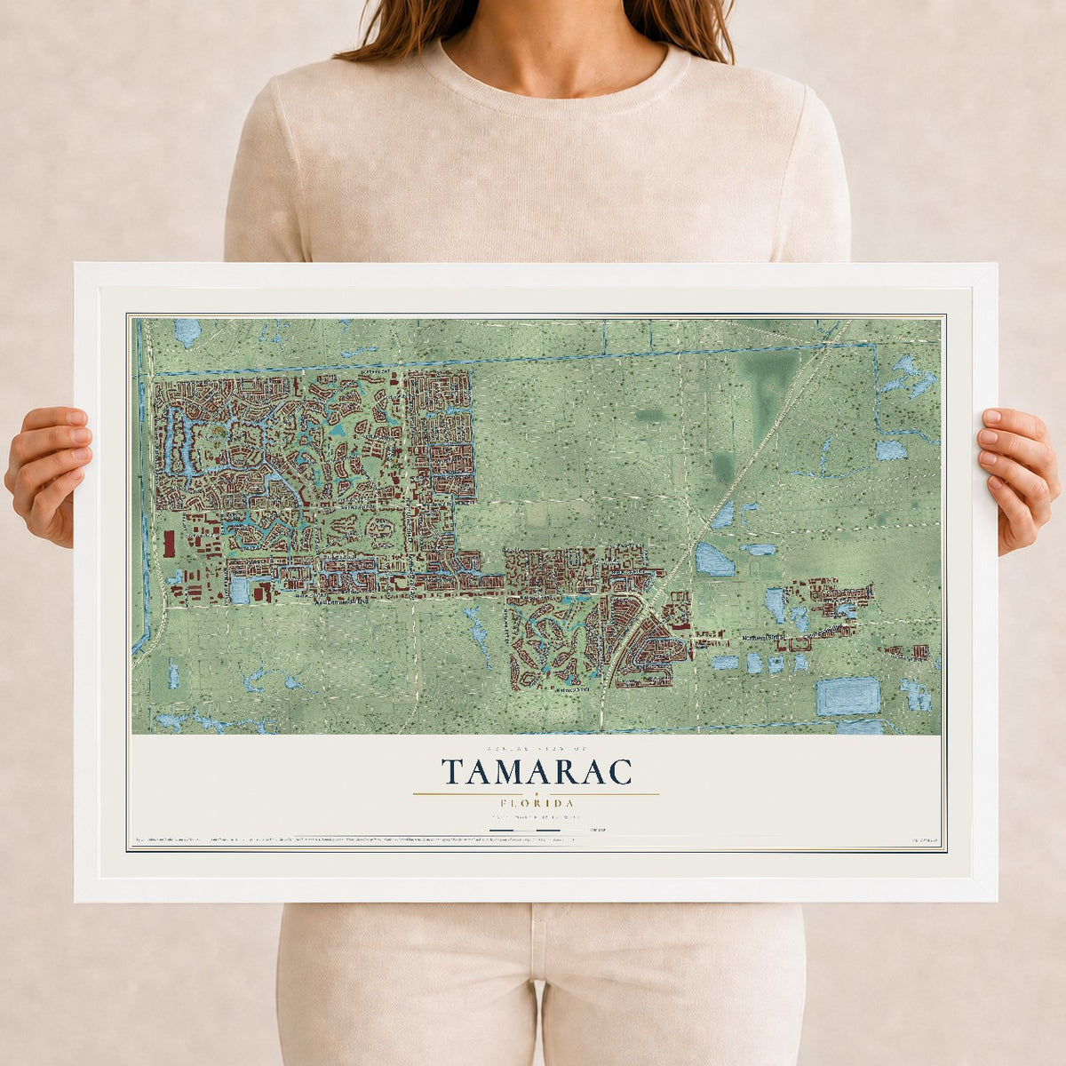 Tamarac, Florida map print, 12" x 18" W/ White Ayous Wood Frame mockup