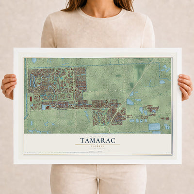 Tamarac, Florida map print, 12" x 18" W/ White Ayous Wood Frame mockup