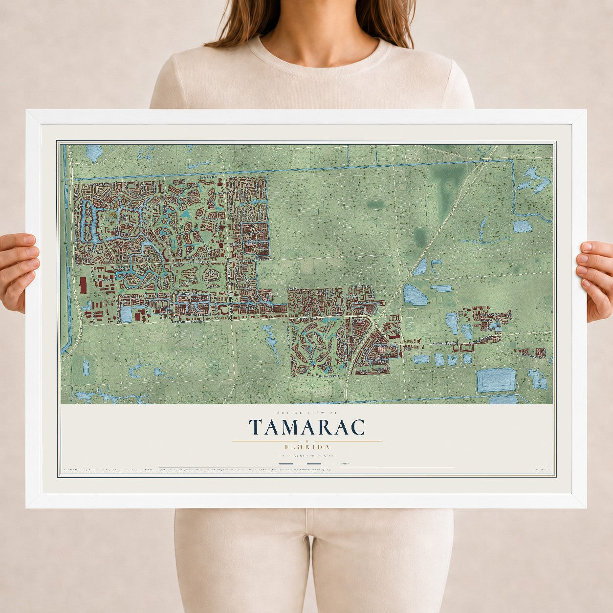 Tamarac, Florida map print, 18" x 24" W/ White Ayous Wood Frame mockup