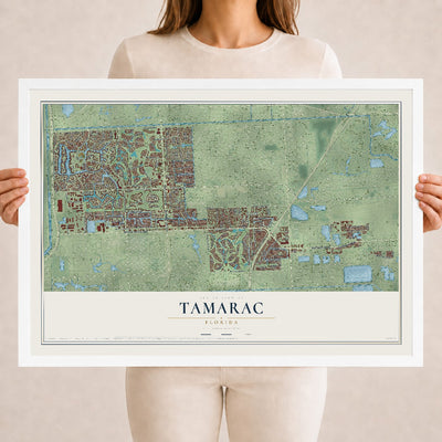 Tamarac, Florida map print, 18" x 24" W/ White Ayous Wood Frame mockup