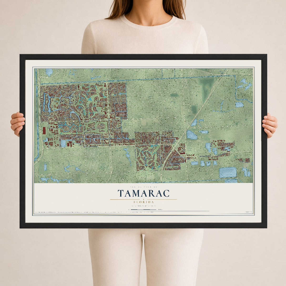 Tamarac, Florida map print, 24" x 36" W/ Black Ayous Wood Frame mockup