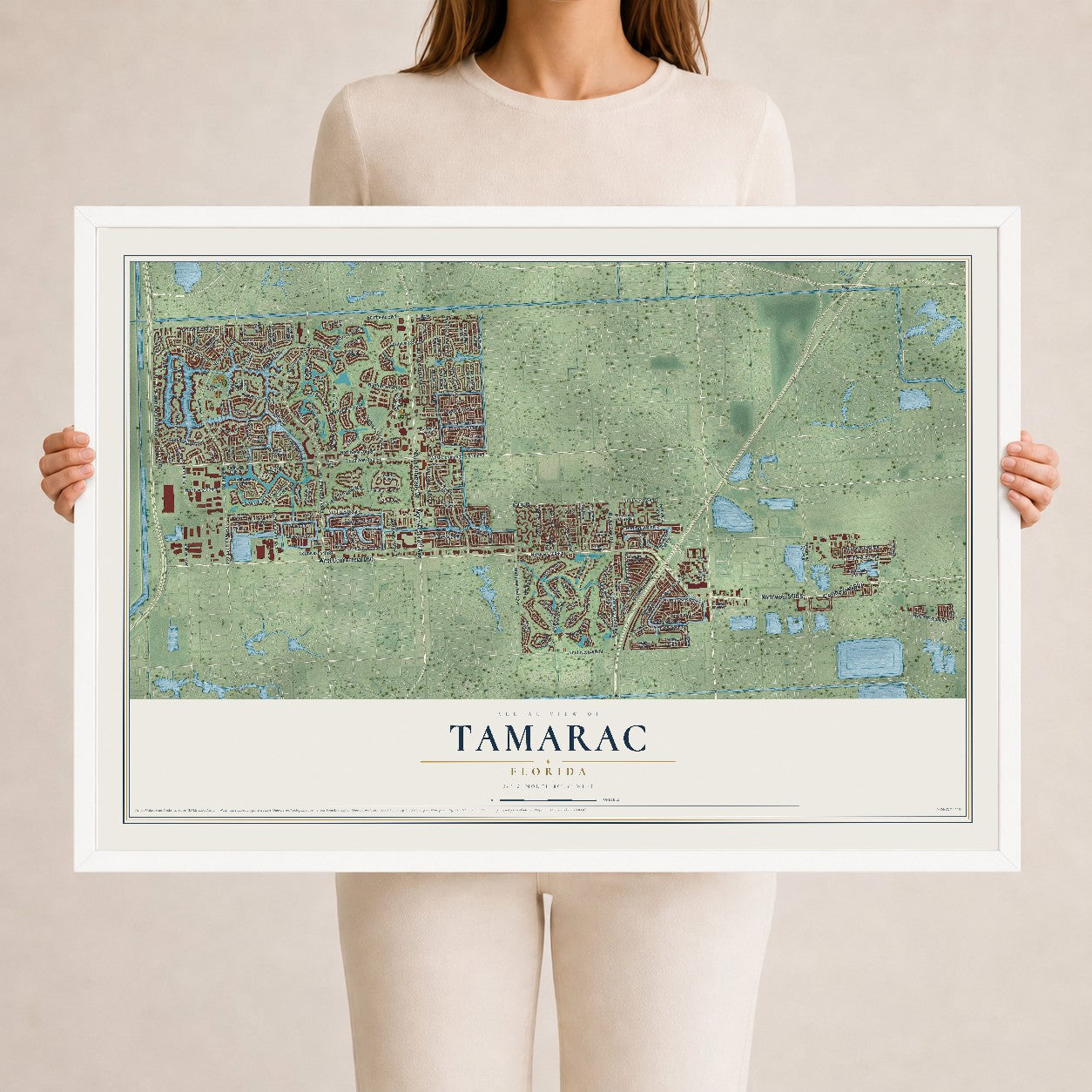 Tamarac, Florida map print, 24" x 36" W/ White Ayous Wood Frame mockup