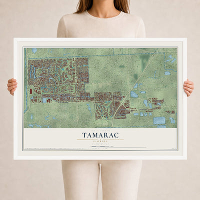 Tamarac, Florida map print, 24" x 36" W/ White Ayous Wood Frame mockup