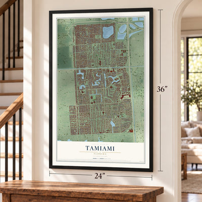Tamiami, Florida map, 24 x 36 inch print in a black frame by a staircase
