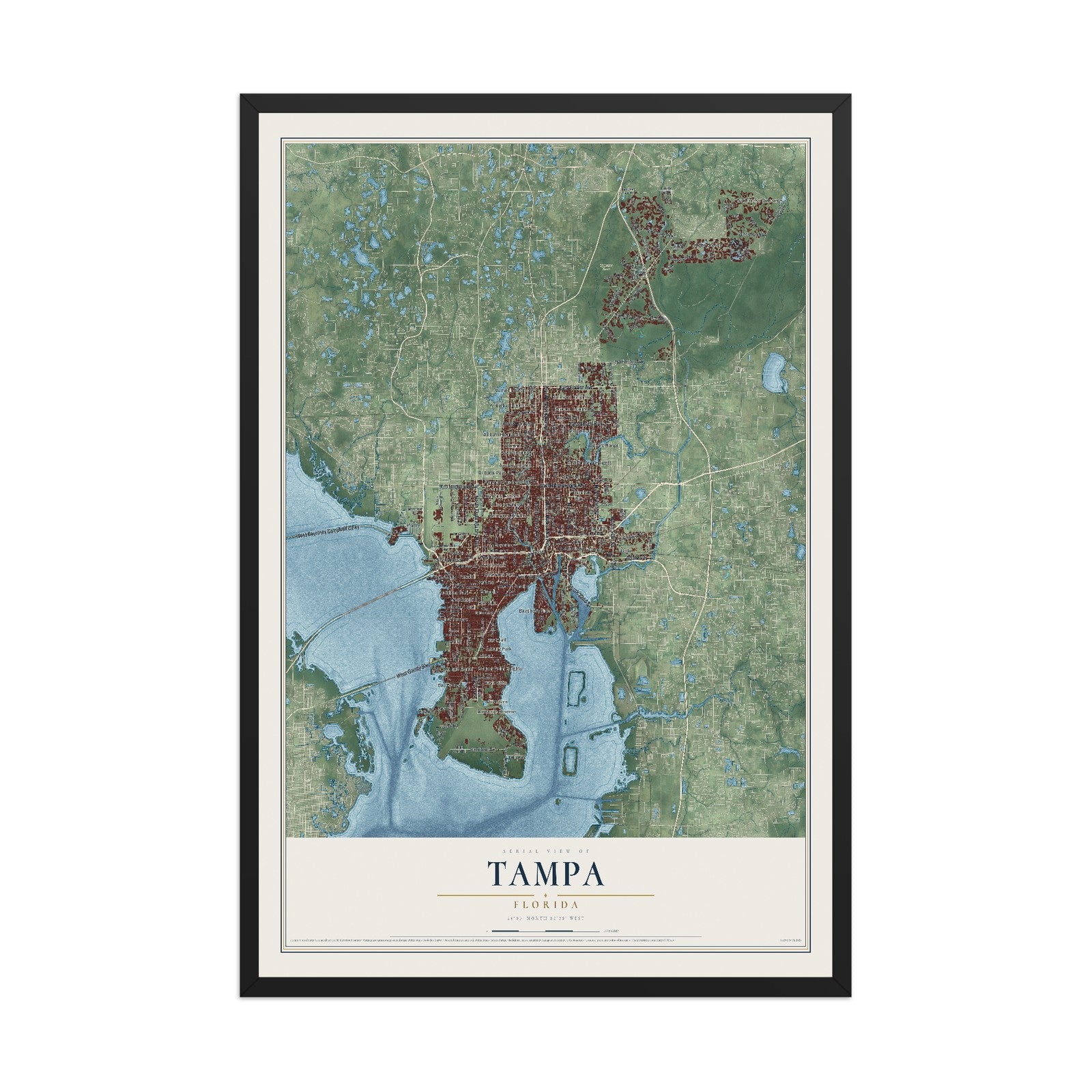 Tampa, Florida map print, 12" x 18" W/ Black Ayous Wood Frame mockup