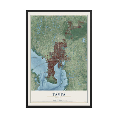 Tampa, Florida map print, 12" x 18" W/ Black Ayous Wood Frame mockup