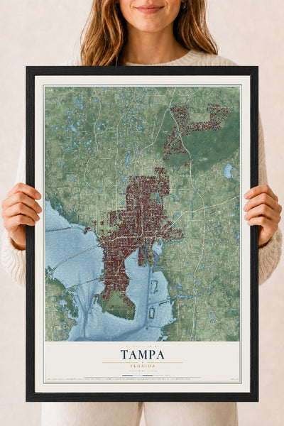 Tampa, Florida map print, 18" x 24" W/ Black Ayous Wood Frame mockup