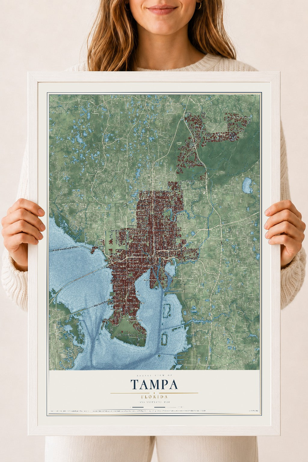 Tampa, Florida map print, 18" x 24" W/ White Ayous Wood Frame mockup