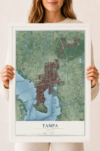 Tampa, Florida map print, 18" x 24" W/ White Ayous Wood Frame mockup