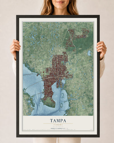 Tampa, Florida map print, 24" x 36" W/ Black Ayous Wood Frame mockup