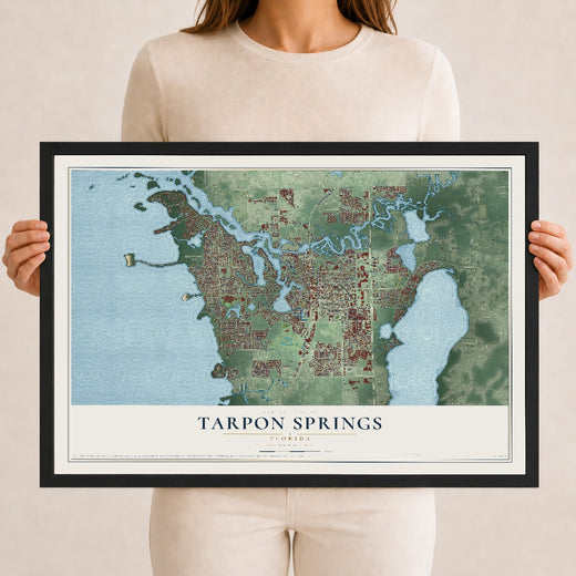 Map of Tarpon Springs, Florida, 12 x 18 inch print in a black wood frame