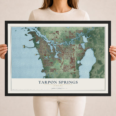 Tarpon Springs, Florida map print, 18" x 24" W/ Black Ayous Wood Frame mockup
