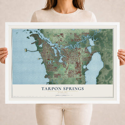Tarpon Springs, Florida map print, 18" x 24" W/ White Ayous Wood Frame mockup