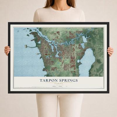 Tarpon Springs, Florida map print, 24" x 36" W/ Black Ayous Wood Frame mockup