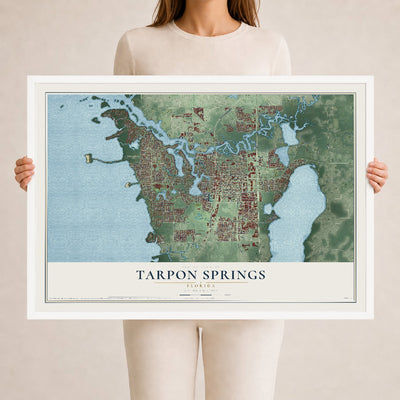 Tarpon Springs, Florida map print, 24" x 36" W/ White Ayous Wood Frame mockup