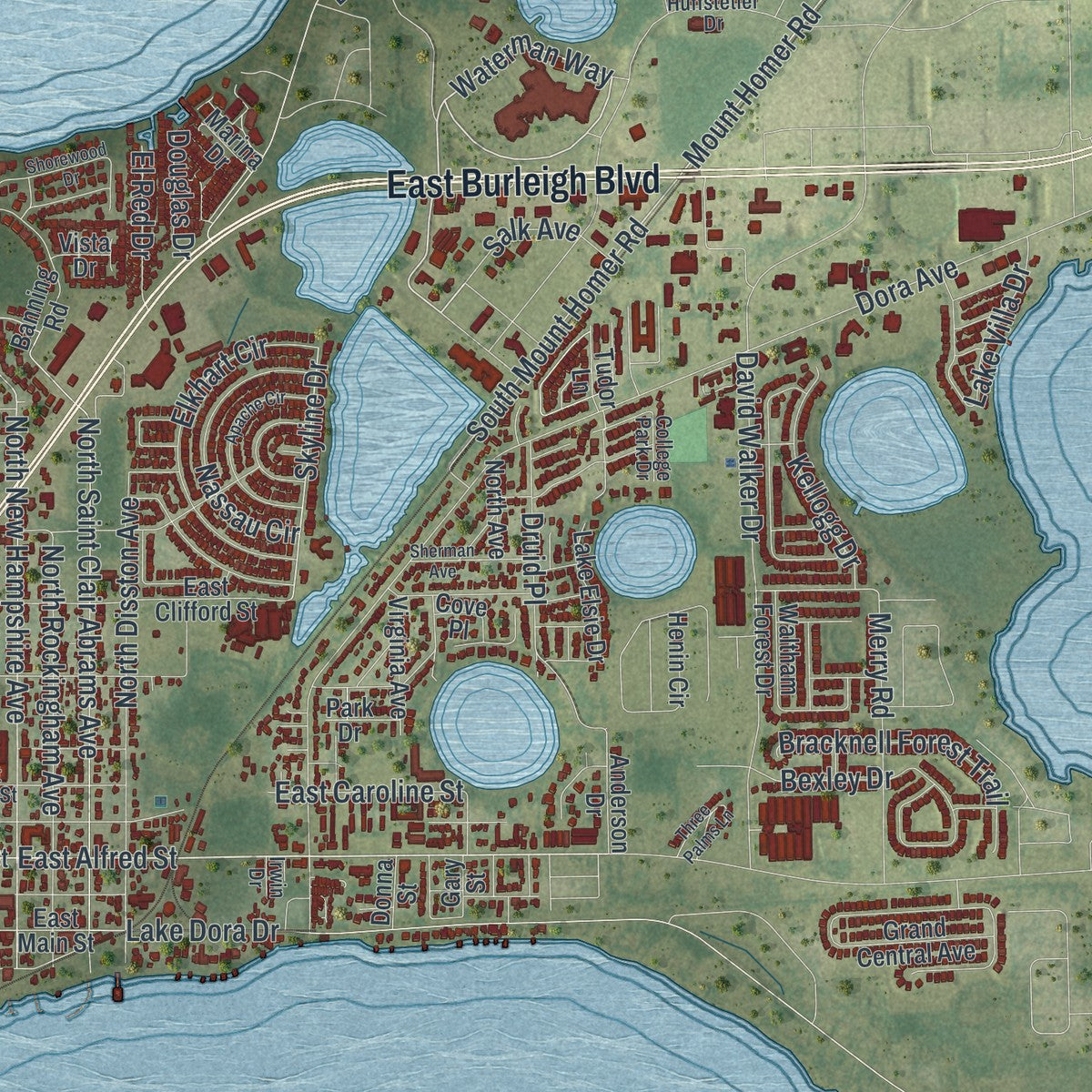Close-up 1 of the Tavares, Florida map artwork