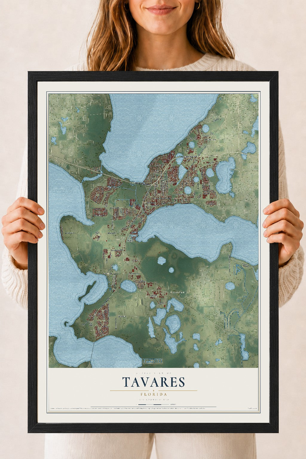 Tavares, Florida map print, 18" x 24" W/ Black Ayous Wood Frame mockup