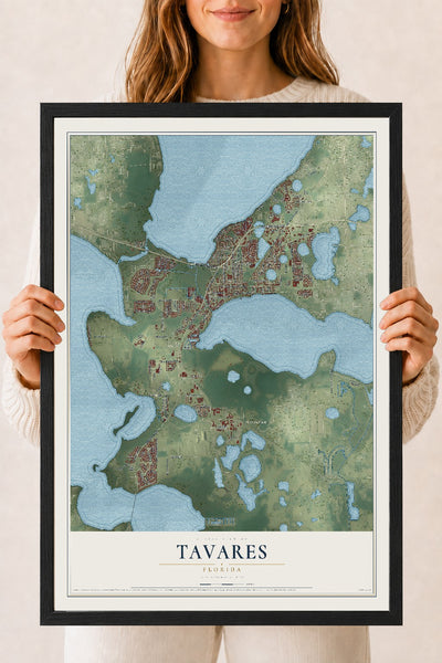 Tavares, Florida map print, 18" x 24" W/ Black Ayous Wood Frame mockup