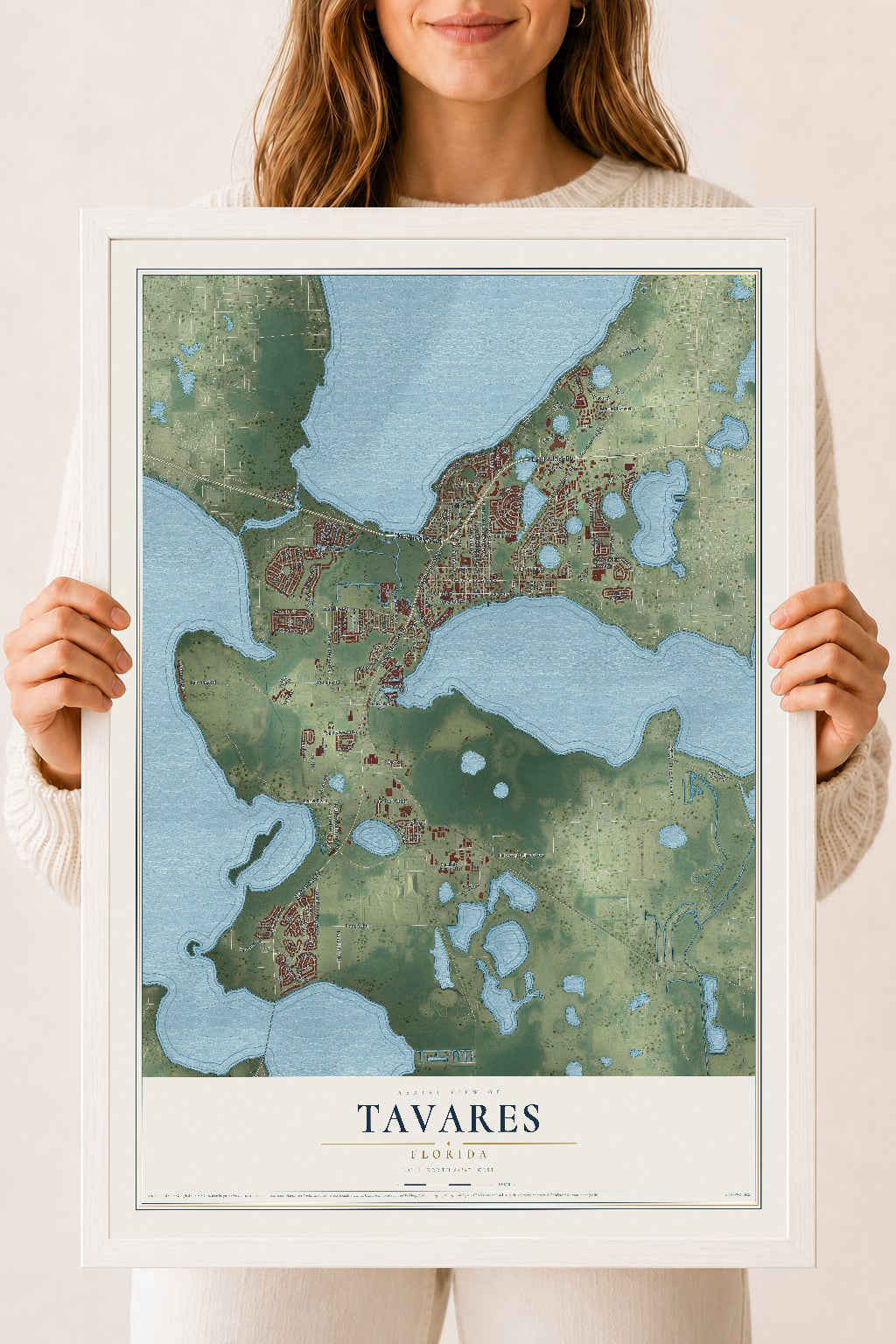 Tavares, Florida map print, 18" x 24" W/ White Ayous Wood Frame mockup