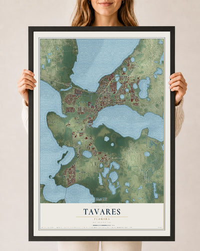 Tavares, Florida map print, 24" x 36" W/ Black Ayous Wood Frame mockup