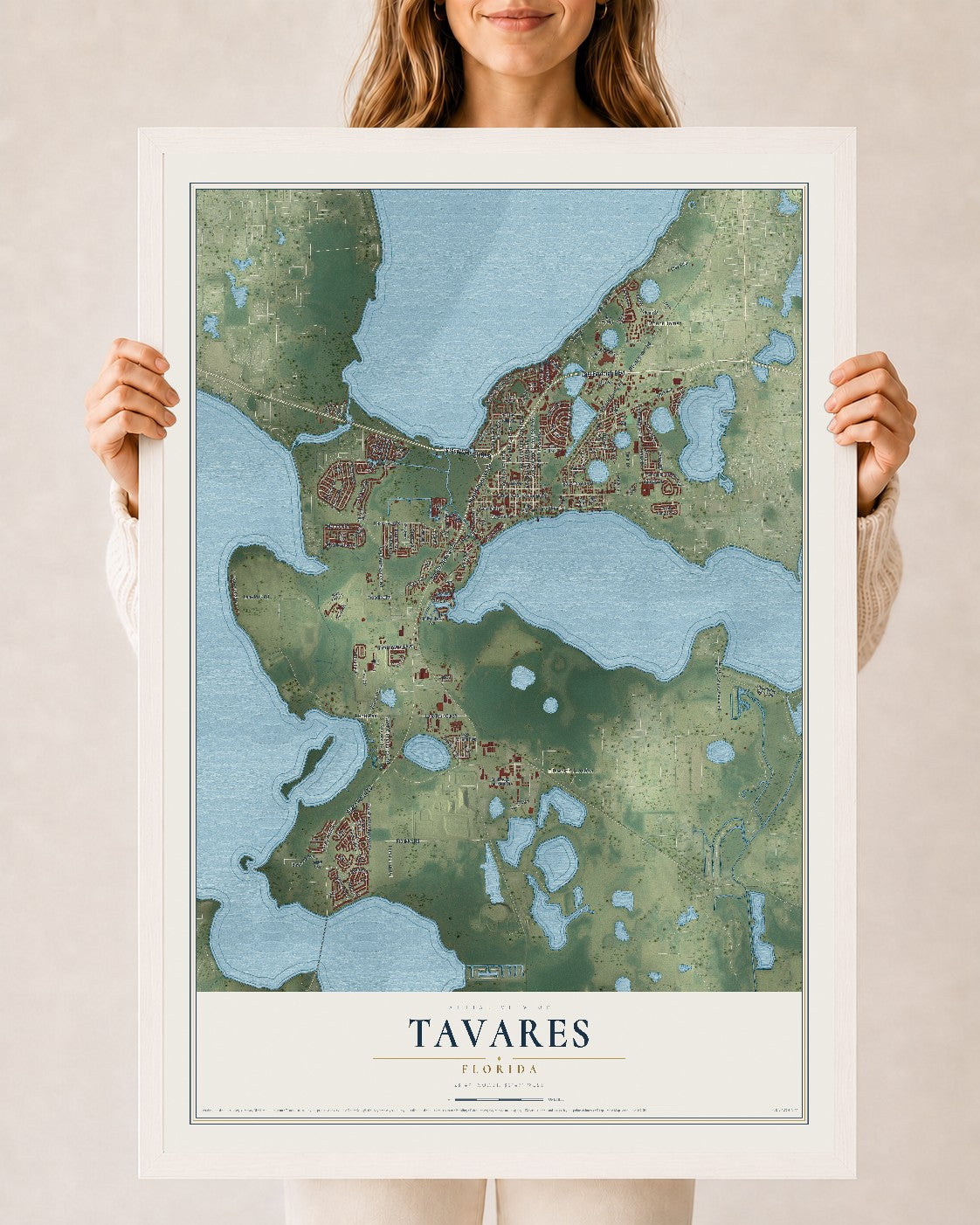 Tavares, Florida map print, 24" x 36" W/ White Ayous Wood Frame mockup