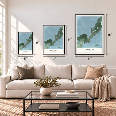 Tavernier, Florida map in 12 x 18, 18 x 24 and 24 x 36 inch sizes above a sofa