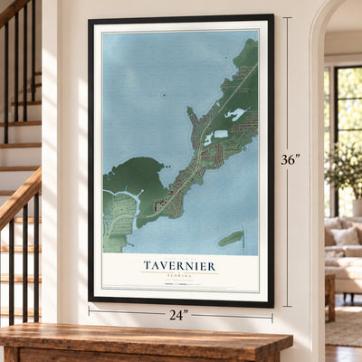 Tavernier, Florida map, 24 x 36 inch print in a black frame by a staircase