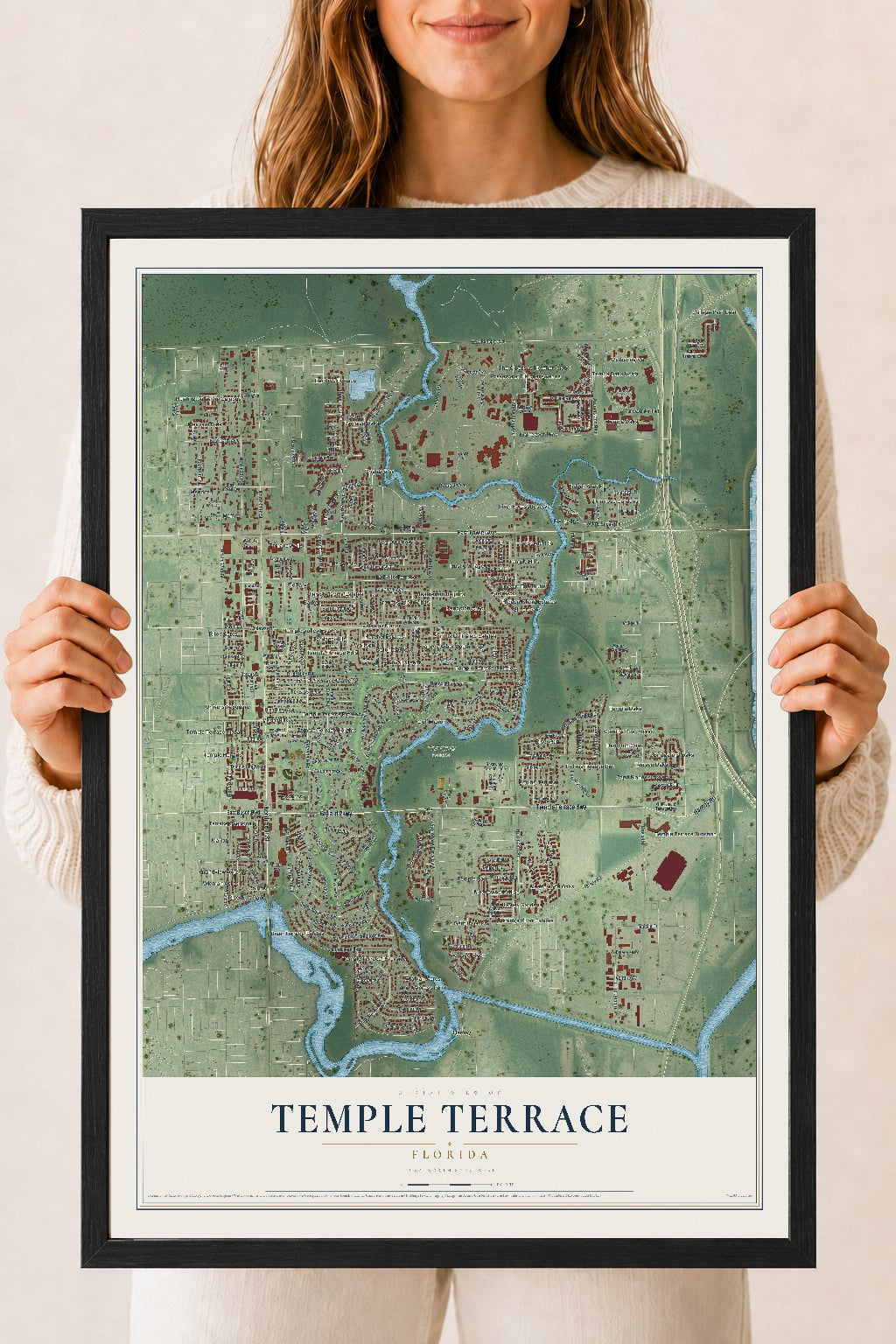 Temple Terrace, Florida map print, 18" x 24" W/ Black Ayous Wood Frame mockup