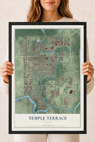 Temple Terrace, Florida map print, 18" x 24" W/ Black Ayous Wood Frame mockup