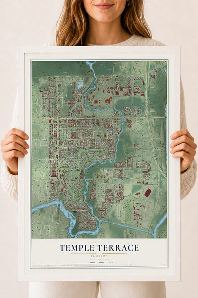 Temple Terrace, Florida map print, 18" x 24" W/ White Ayous Wood Frame mockup