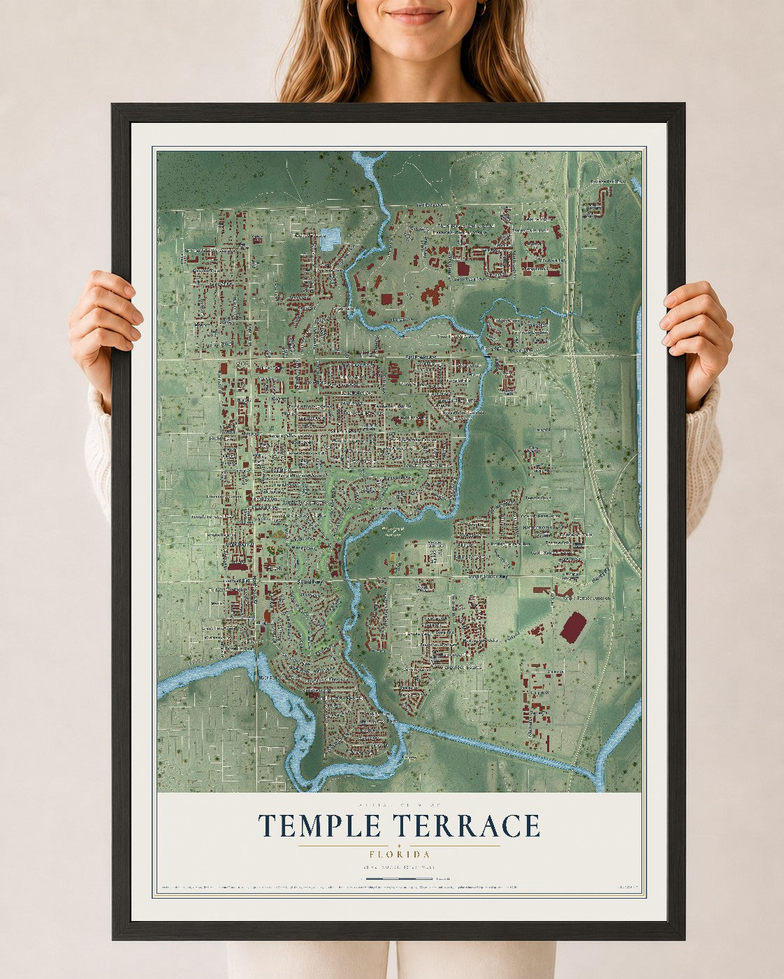Temple Terrace, Florida map print, 24" x 36" W/ Black Ayous Wood Frame mockup