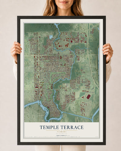 Temple Terrace, Florida map print, 24" x 36" W/ Black Ayous Wood Frame mockup