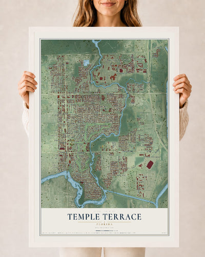 Temple Terrace, Florida map print, 24" x 36" W/ White Ayous Wood Frame mockup
