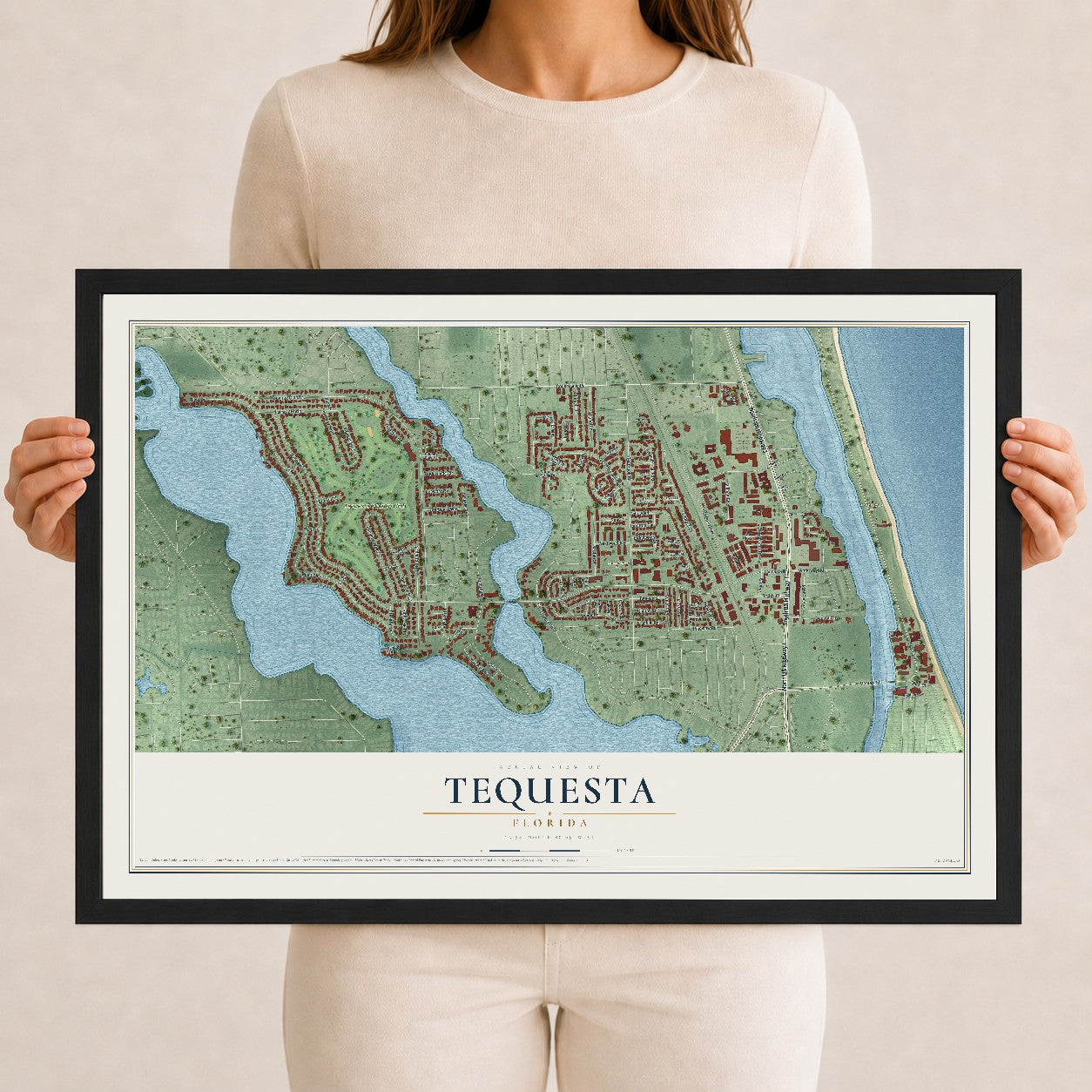 Tequesta, Florida map print, 12" x 18" W/ Black Ayous Wood Frame mockup