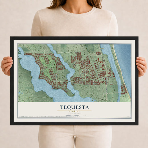 Map of Tequesta, Florida, 12 x 18 inch print in a black wood frame
