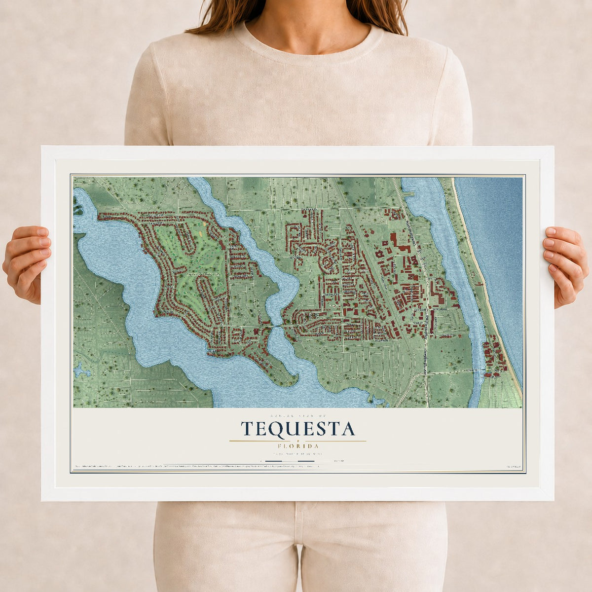 Tequesta, Florida map print, 12" x 18" W/ White Ayous Wood Frame mockup