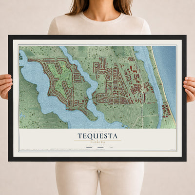 Tequesta, Florida map print, 18" x 24" W/ Black Ayous Wood Frame mockup