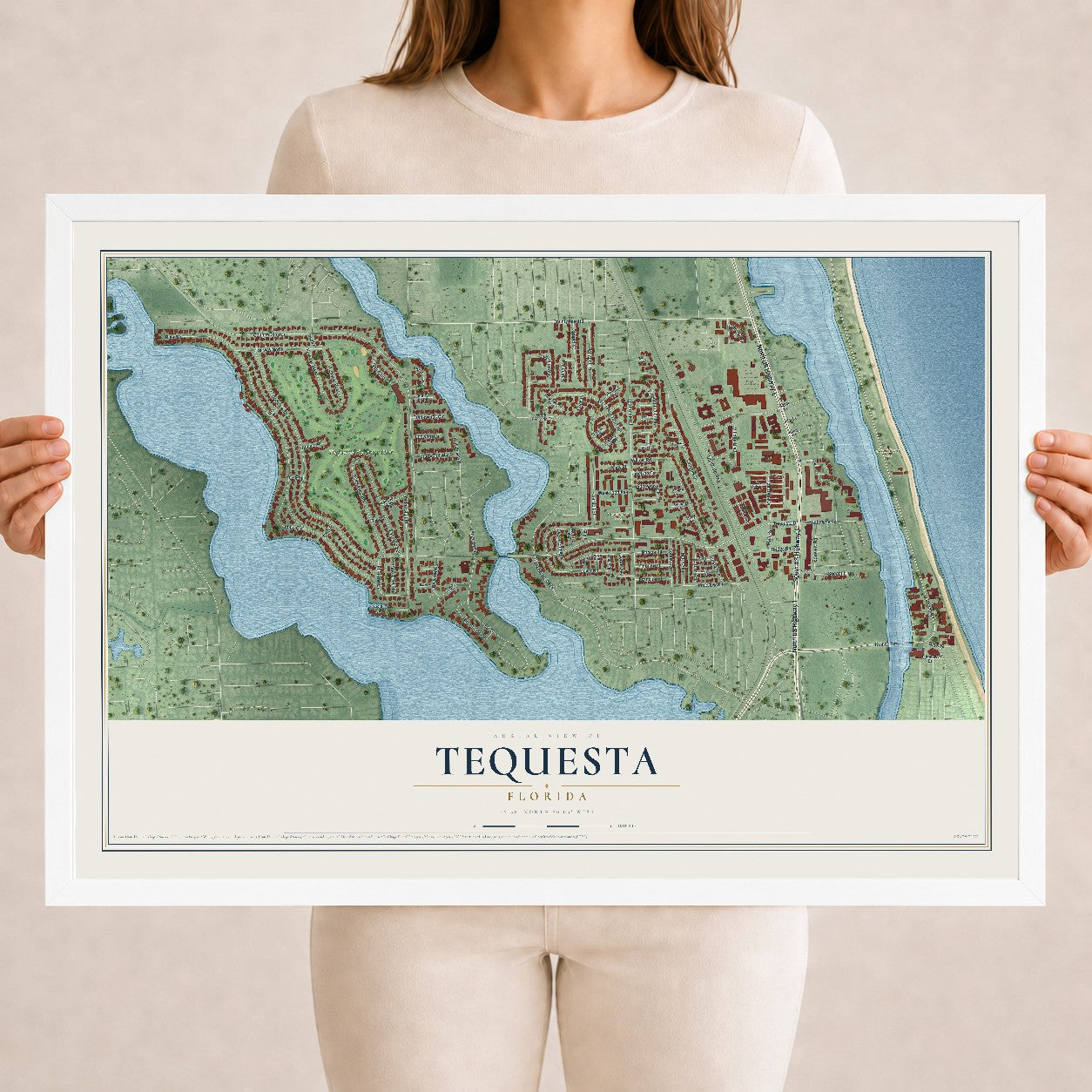 Tequesta, Florida map print, 18" x 24" W/ White Ayous Wood Frame mockup