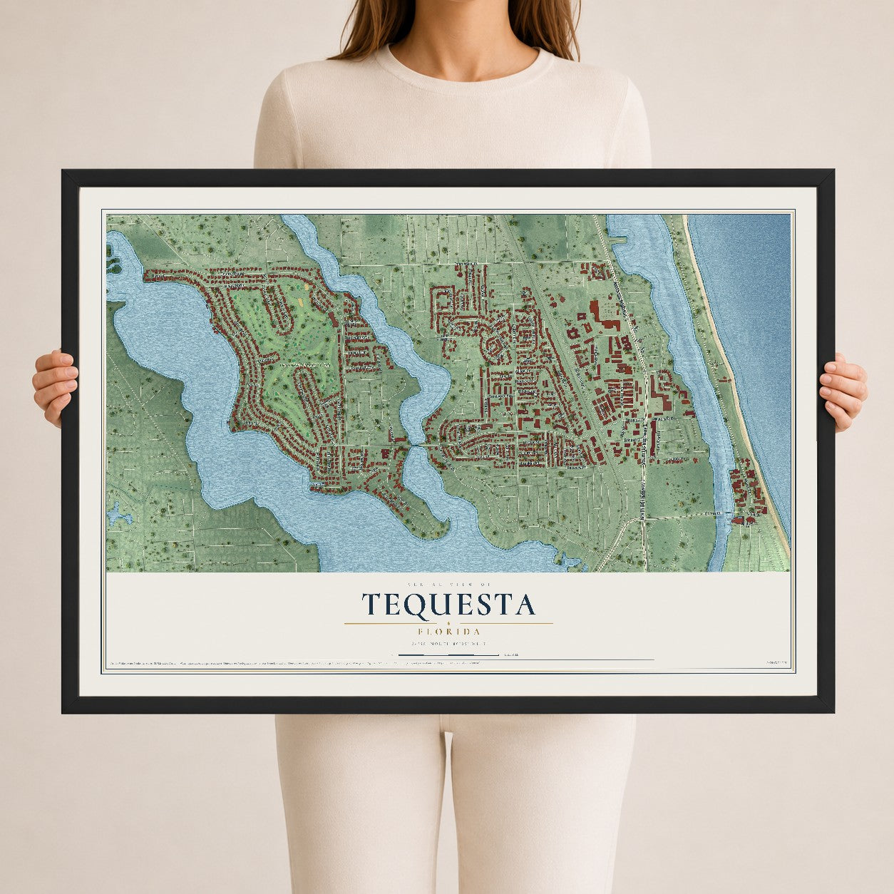Tequesta, Florida map print, 24" x 36" W/ Black Ayous Wood Frame mockup