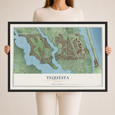 Tequesta, Florida map print, 24" x 36" W/ Black Ayous Wood Frame mockup