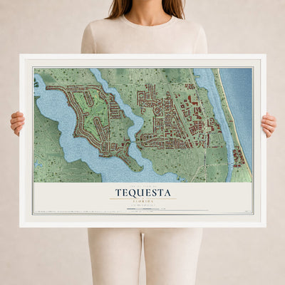 Tequesta, Florida map print, 24" x 36" W/ White Ayous Wood Frame mockup