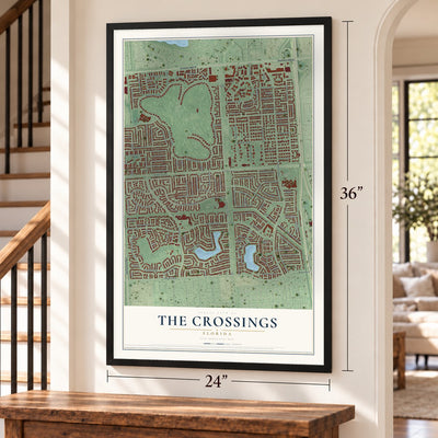 The Crossings, Florida map, 24 x 36 inch print in a black frame by a staircase