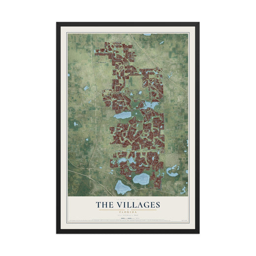 Map of The Villages, Florida, 12 x 18 inch print in a black wood frame