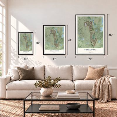 Three Oaks, Florida map in 12 x 18, 18 x 24 and 24 x 36 inch sizes above a sofa