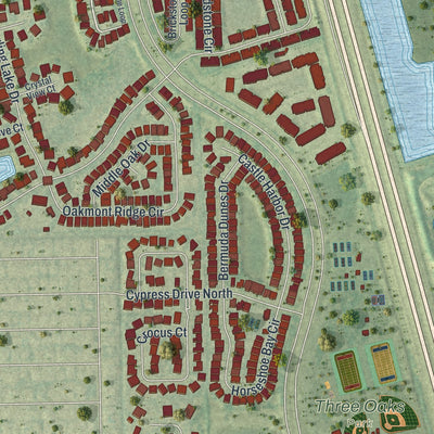 Close-up of the map of Three Oaks, Florida print showing street and building detail