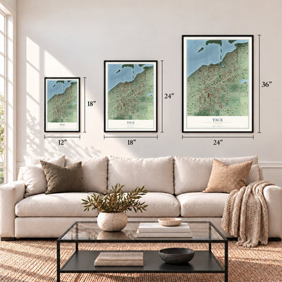 Tice, Florida map in 12 x 18, 18 x 24 and 24 x 36 inch sizes above a sofa