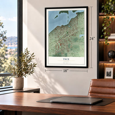 Tice, Florida map, 18 x 24 inch print in a black frame in a home office