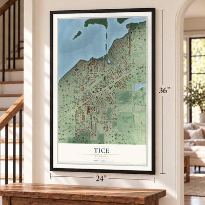 Tice, Florida map, 24 x 36 inch print in a black frame by a staircase
