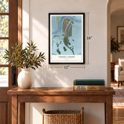 Tierra Verde, Florida map, 12 x 18 inch print in a black frame in an entryway